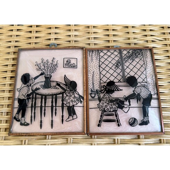 Vintage 40's Pair Silhouette Convex Glass Pictures Reverse Painted 5x4" - Picture 8 of 10